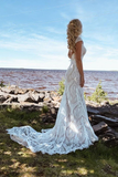 Boho Lace Sheath Sweep Train Sheath Beach Wedding Dresses HZ0509