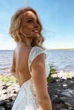 Boho Lace Sheath Sweep Train Sheath Beach Wedding Dresses HZ0509