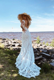 Boho Lace Sheath Sweep Train Sheath Beach Wedding Dresses HZ0509