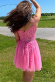 A Line Hot Pink Lace Appliques Party Dress Homecoming Dress HZ0509