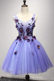 Short Lavender Homecoming Dresses Flower Applique Knee Length Prom Dress HZ0509