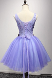 Short Lavender Homecoming Dresses Flower Applique Knee Length Prom Dress HZ0509