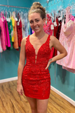 Red Appliques Plunge V Neckline Lace Up Homecoming Dress HZ0509