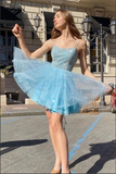 Shiny Sky Blue Tulle Sequins Homecoming Dresses, Short Prom Dresses HZ0509