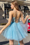 Shiny Sky Blue Tulle Sequins Homecoming Dresses, Short Prom Dresses HZ0509