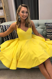 A Line V Neck Short Yellow Prom Dresses Satin Homecoming Dresses HZ0509