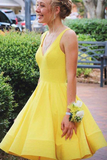 A Line V Neck Short Yellow Prom Dresses Satin Homecoming Dresses HZ0509