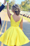 A Line V Neck Short Yellow Prom Dresses Satin Homecoming Dresses HZ0509