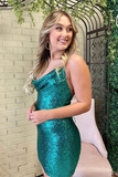 Emerald Green Sequins Sheath Cowl Neck Tight Short Homecoming Dresses HZ0509