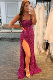 Sparkly Sheath Fuchsia Sequins Prom Dresses With Side Slit, Evening Dresses HZ0509