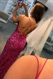 Sparkly Sheath Fuchsia Sequins Prom Dresses With Side Slit, Evening Dresses HZ0509