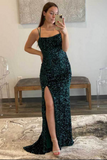 Sparkly Sheath Fuchsia Sequins Prom Dresses With Side Slit, Evening Dresses HZ0509