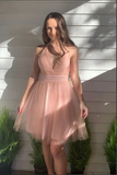 Pink A line Tulle Halter Backless Homecoming Dresses, Short Prom Dresses HZ0509