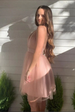 Pink A line Tulle Halter Backless Homecoming Dresses, Short Prom Dresses HZ0509