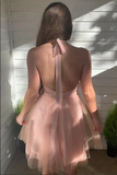 Pink A line Tulle Halter Backless Homecoming Dresses, Short Prom Dresses HZ0509