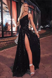 Black Glitter A line One Shoulder Prom Dresses With Side Split, Evening Dress HZ0509
