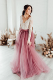 Two Pieces V neck Boho Wedding Dress With Long Sleeve Rustic Lace Wedding Dresses HZ0509