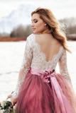Two Pieces V neck Boho Wedding Dress With Long Sleeve Rustic Lace Wedding Dresses HZ0509
