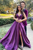 V Neck Backless Purple Satin Long Prom Dress with High Slit HZ0509