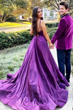 V Neck Backless Purple Satin Long Prom Dress with High Slit HZ0509