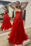 Strapless Red Tulle Long Prom Dress with Lace Appliques HZ0509