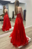Strapless Red Tulle Long Prom Dress with Lace Appliques HZ0509