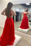 Strapless Red Tulle Long Prom Dress with Lace Appliques HZ0509