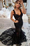 Black v neck lace mermaid long prom dress, black evening dresses HZ0509