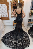 Black v neck lace mermaid long prom dress, black evening dresses HZ0509