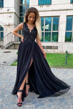 Black V Neck Chiffon Lace Long Prom Evening Dress HZ0509