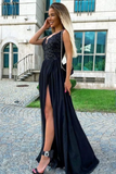 Black V Neck Chiffon Lace Long Prom Evening Dress HZ0509