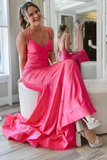 Hot Pink Satin Mermaid Long Prom Dress With Tiered, Formal Dress HZ0509