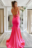 Hot Pink Satin Mermaid Long Prom Dress With Tiered, Formal Dress HZ0509