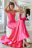 Hot Pink Satin Mermaid Long Prom Dress With Tiered, Formal Dress HZ0509