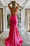Hot Pink Satin Mermaid Long Prom Dress With Tiered, Formal Dress HZ0509