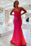 Hot Pink Satin Mermaid Long Prom Dress With Tiered, Formal Dress HZ0509