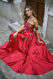line Long Prom Dress Burgundy Off the shoulder Satin Embroidery Chic Evening Dress HZ0509