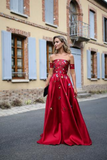 line Long Prom Dress Burgundy Off the shoulder Satin Embroidery Chic Evening Dress HZ0509