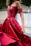 line Long Prom Dress Burgundy Off the shoulder Satin Embroidery Chic Evening Dress HZ0509