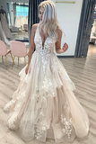 Neckline Tired Tulle A line Lace Wedding Dress Floor Length HZ0509