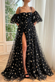 Line Tulle Black Long Prom Dress Black Tulle Formal Evening Dress HZ0509
