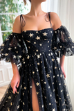 Line Tulle Black Long Prom Dress Black Tulle Formal Evening Dress HZ0509