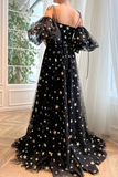 Line Tulle Black Long Prom Dress Black Tulle Formal Evening Dress HZ0509