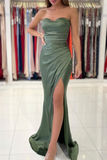 Sage Strapless Trumpet Prom Dress Thigh Slit Mermaid Prom Gown HZ0509
