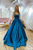 Blue Satin A Line Scoop Backless Long Prom Dresses, Evening Gowns HZ0509