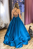 Blue Satin A Line Scoop Backless Long Prom Dresses, Evening Gowns HZ0509