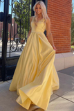 Yellow Satin Cutout Back A Line Formal Dress With Rhinestones, Evening Gown HZ0509