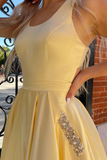 Yellow Satin Cutout Back A Line Formal Dress With Rhinestones, Evening Gown HZ0509