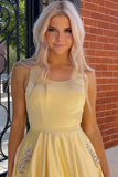 Yellow Satin Cutout Back A Line Formal Dress With Rhinestones, Evening Gown HZ0509
