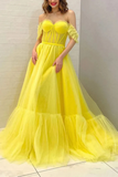 Line Off the Shoulder Yellow Tulle Long Prom Dresses, Formal Evening Dresses HZ0509